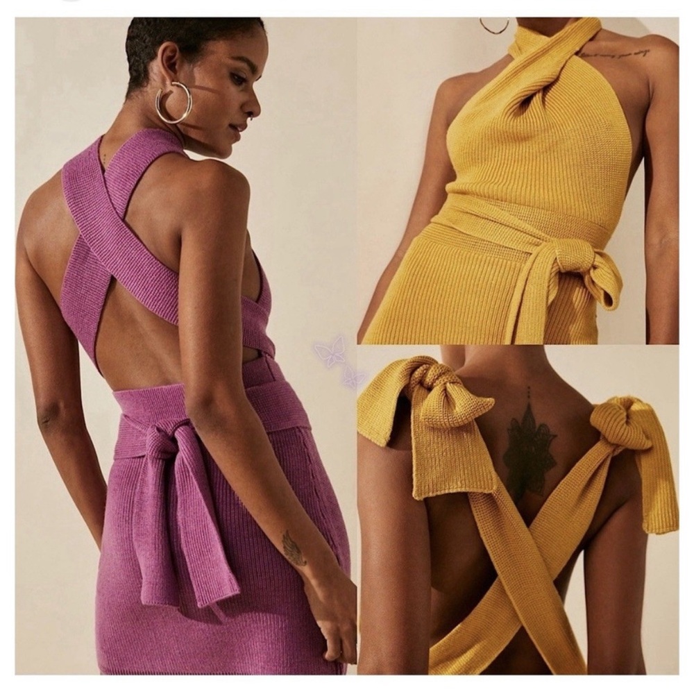 Knit Cross-Back Crop Top in Purple and Mustard